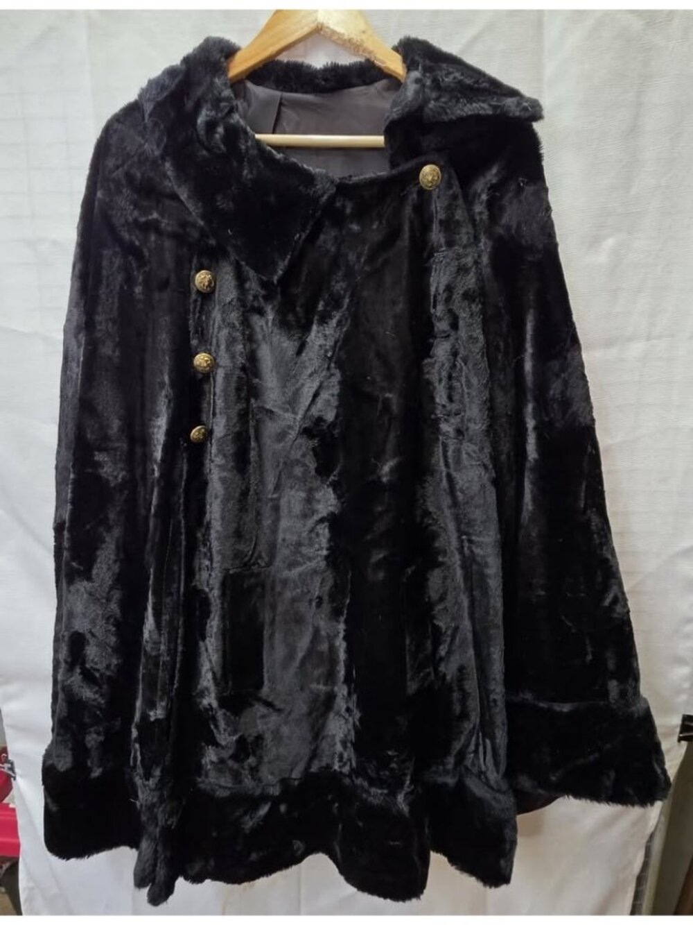 Vintage Black Faux Fur Jacket Gold Buttons Large